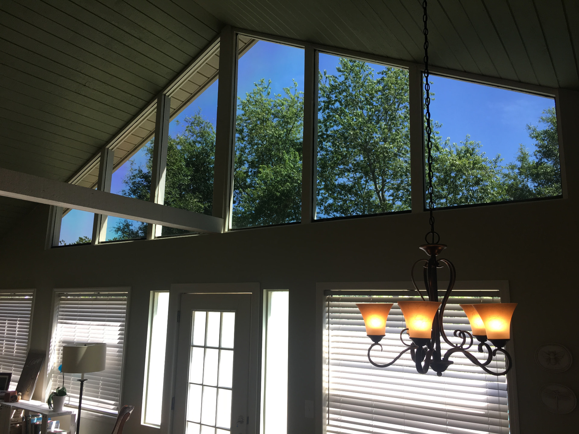 High clerestory windows with blue sky and green tree views