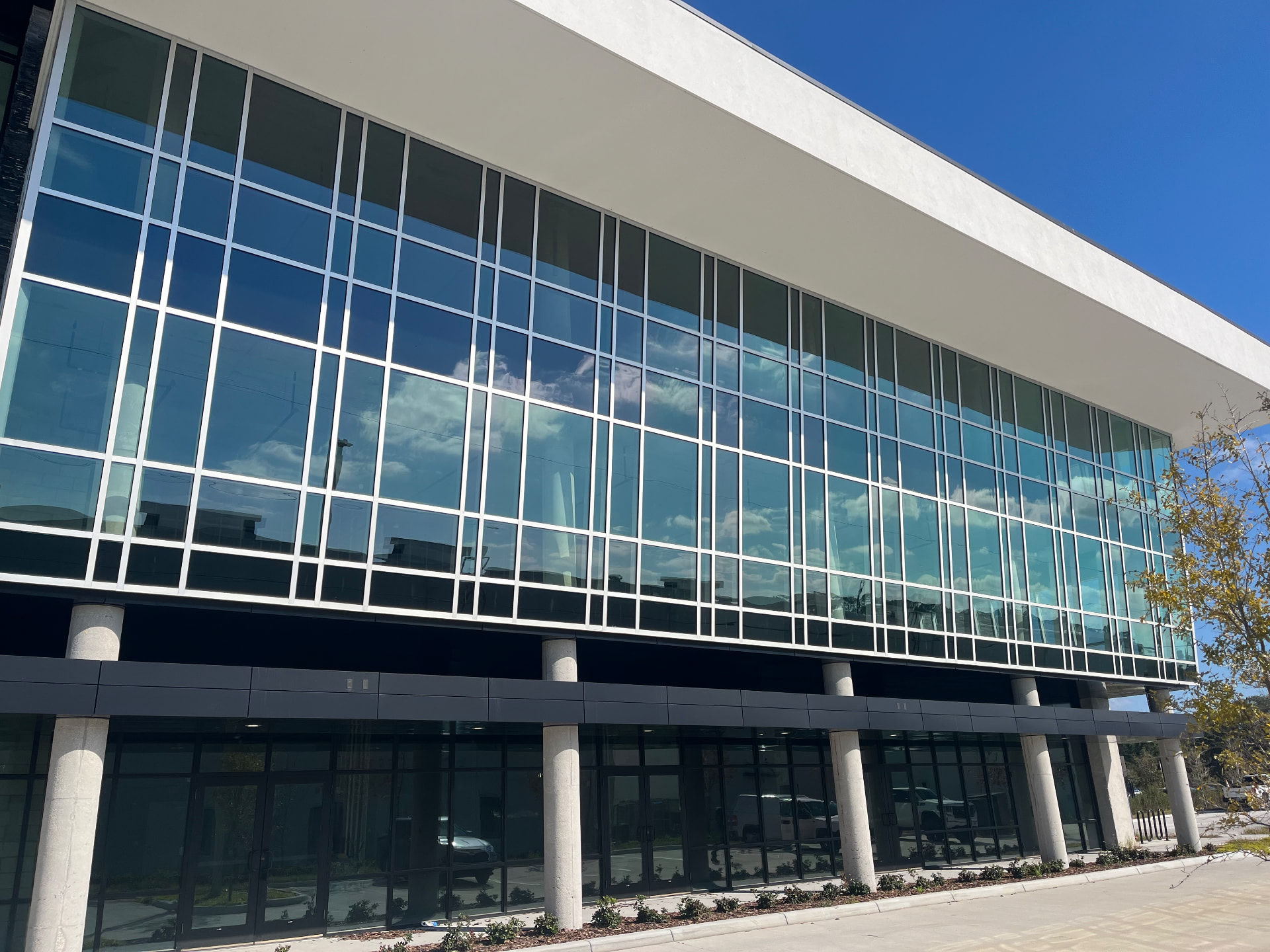 Modern commercial building with reflective tinted glass facade