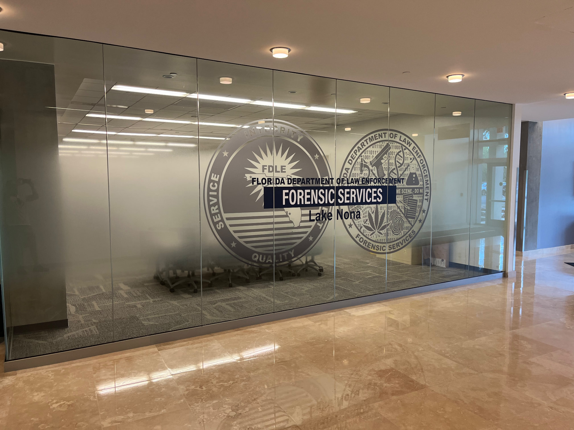 FDLE forensic services office with frosted logo film